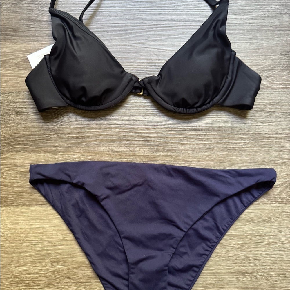 Andie Swim Medium Black Sicily Top & Navy Cheeky Bottom Set NWT